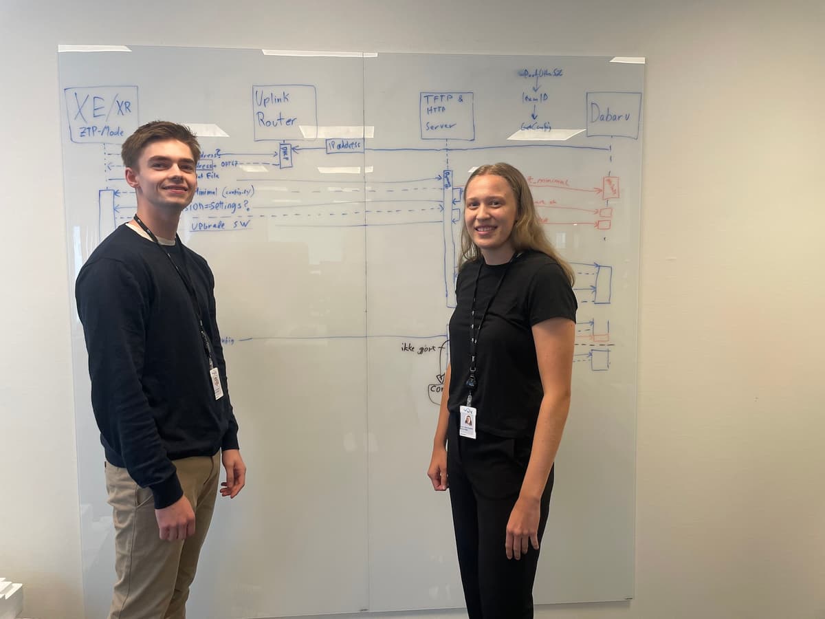 En mann og en dame står smilende foran en tavle det er skrevet og tegnet på En mann og en dame står smilende foran en tavle det er skrevet og tegnet på