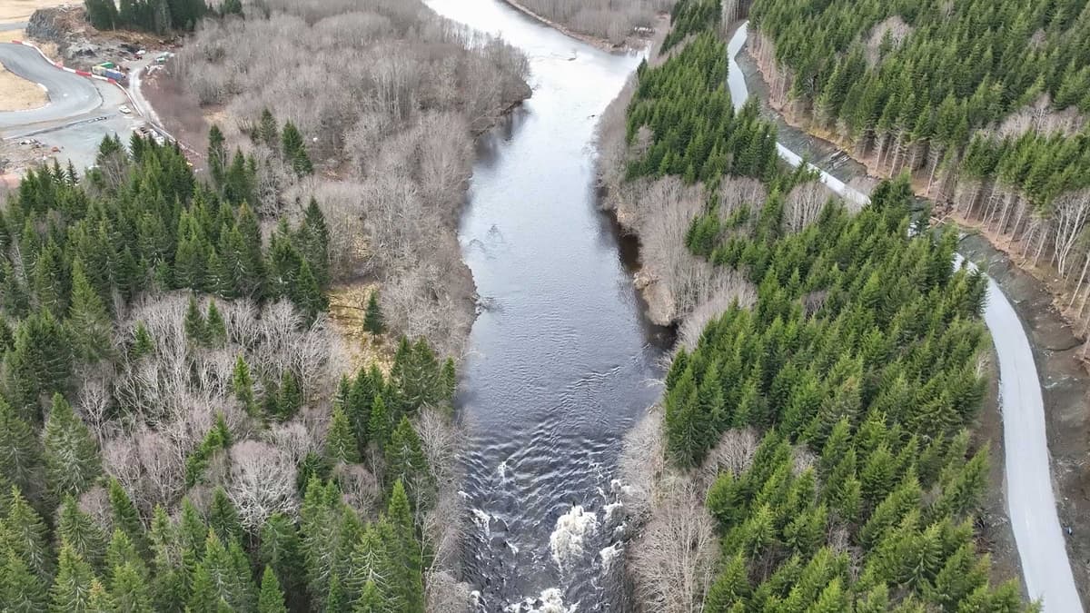 Verdalsvassdraget Dronebilde av en elv omkranset av skog